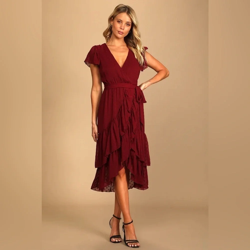 NWT Lulus Have Harmony Maroon Red Swiss Dot Ruffled Faux Wrap Midi Dress